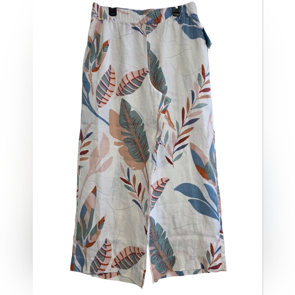 Cynthia Rowley Linen Wide Leg Cropped Pants W/Pastel Tropical Design Size Large